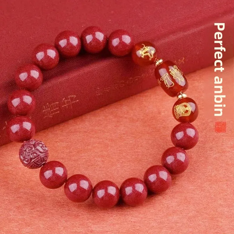 Natural Cinnabar Purple Gold Sand Taisui Amulet Bracelet Horse Year Lucky Jewelry 12 Zodiac Buddha Beads Auspicious Hand String
