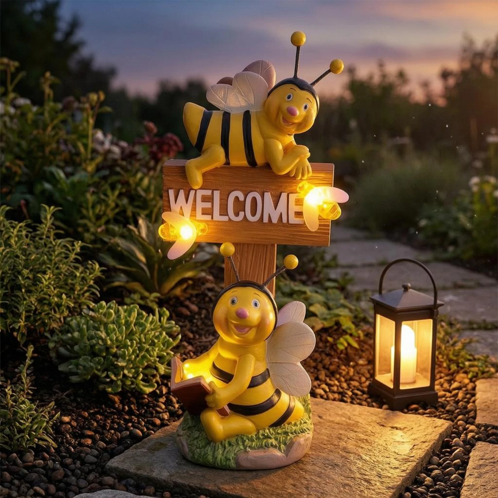 Bee Welcome Sign Warm Light Bee Lamp Garden Decor Glowing Accents Appendage Details for Courtyard, Patio