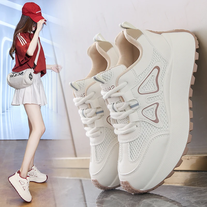 

Women's Lace Up Mesh Chunky Platform Sneakers 4.5CM Heel Wear Resistant Outsole Outdoor And Commuting Casual Shoes
