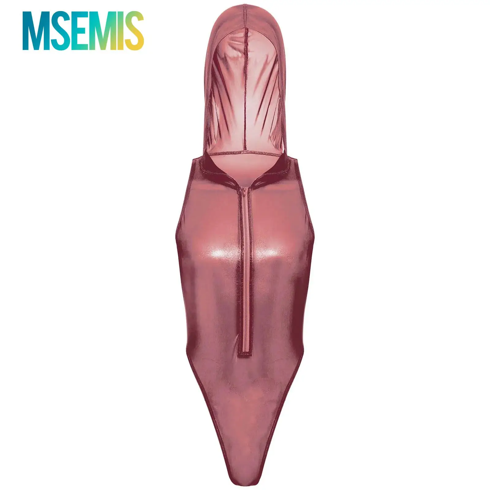 

Womens Front Zipper Glitter Sheer Hooded Jumpsuit See Through Lingerie One Piece Bodysuit Swimwear Role Play Underwear Clubwear