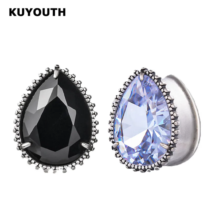 KUYOUTH Mode Kupfer Tropfenförmigen Zirkon Expander Ohr Tunnel Plugs Messgeräte Bahren Piercing Ohrring Schmuck 2PCS