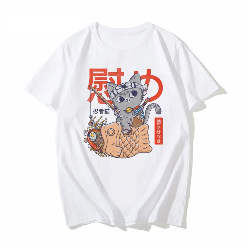 Ukiyoe style Food Harajuku t shirt men Taiyaki is a Japanese fish-shaped mens designer clothes cake red seabream streetwear2024