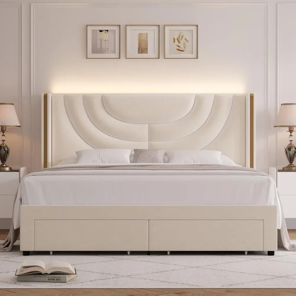 Upholstered LED Bed Frame with 2 Storage Drawers, Velvet Platform Bed with Wingback Headboard, Solid Wooden Slats Support image 2