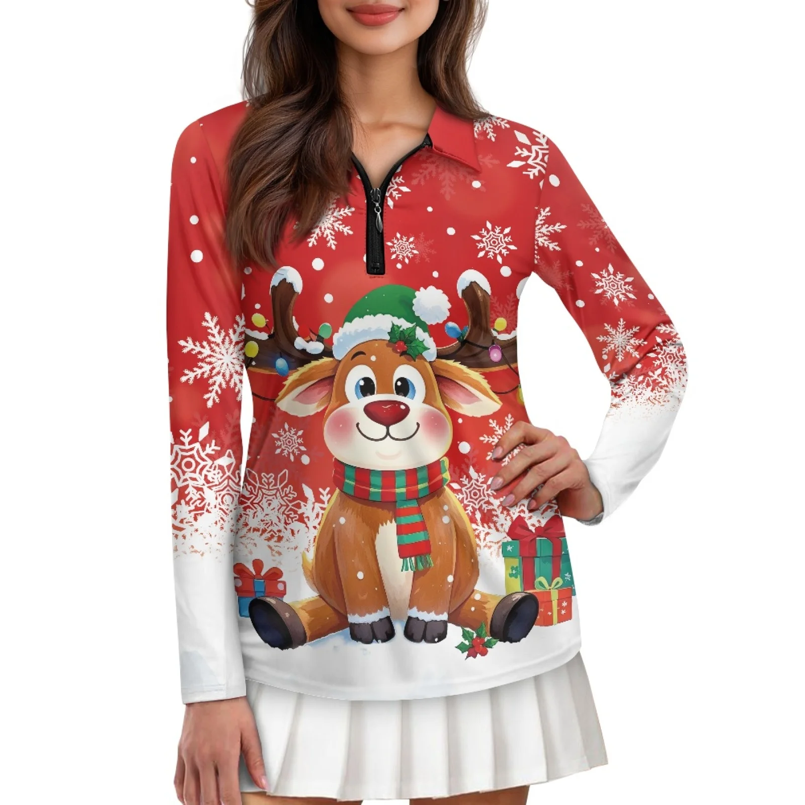 PENSTROLL Reindeer Pattern Womens Athletic Fit Golf Tops Soft Golf Polos Shirts for Jogging