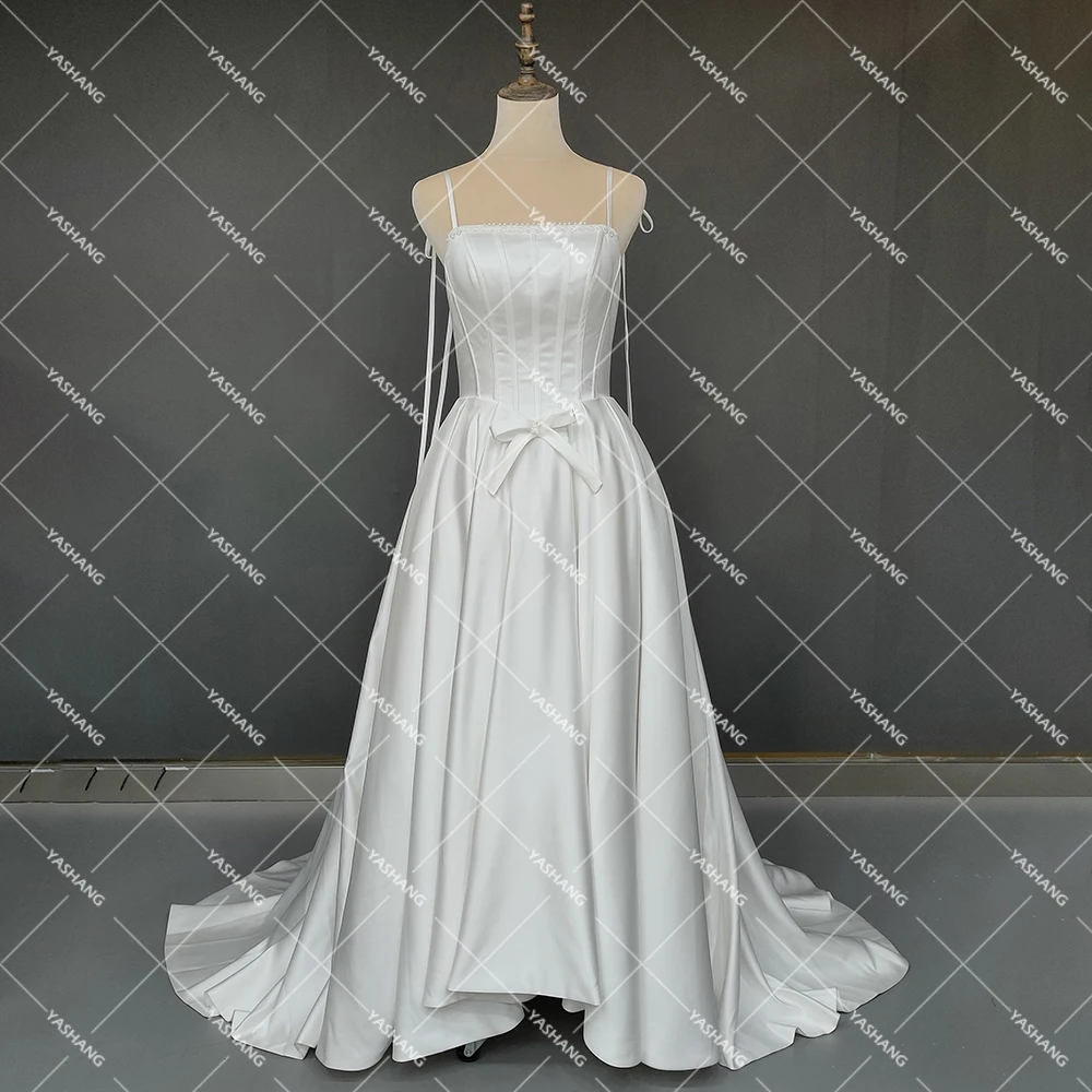 Vestido de novia de satén victoriano con tirantes finos, traje de novia de talla grande, con perlas, encaje Irregular