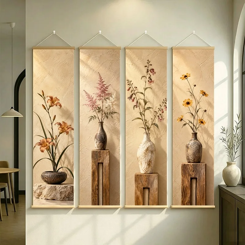 Wall Art Penstemon and Coreopsis, Serene Wabi-Sabi Botanical Silver Shimmer Canvas Hanging Scroll for Japandi Living Room