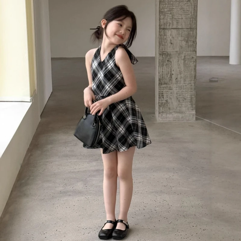 

Children's Skirt 2025 Summer Style Girls Spice Girl Style Black and White Plaid Dress Girls Bow V-Neck Sleeveless Skirt