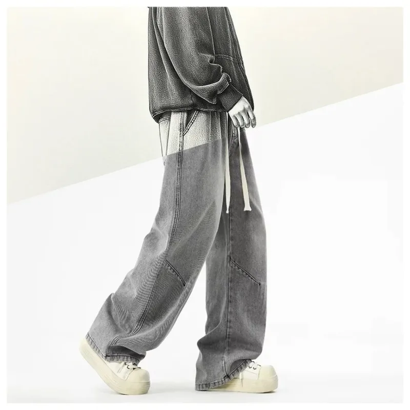 2026 Hip-hop Baggy Denim season elastic waist New Korean Men's Jeans American Loose Fit Wide-leg Straight Casual Trousers Street