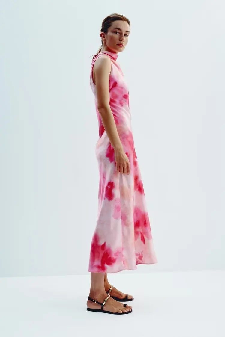 Summer New Faion Women's round Ne Svel Dyed Silk Satin Dr High Waist A-Line Skirt Polyester Fabric Casual Wear