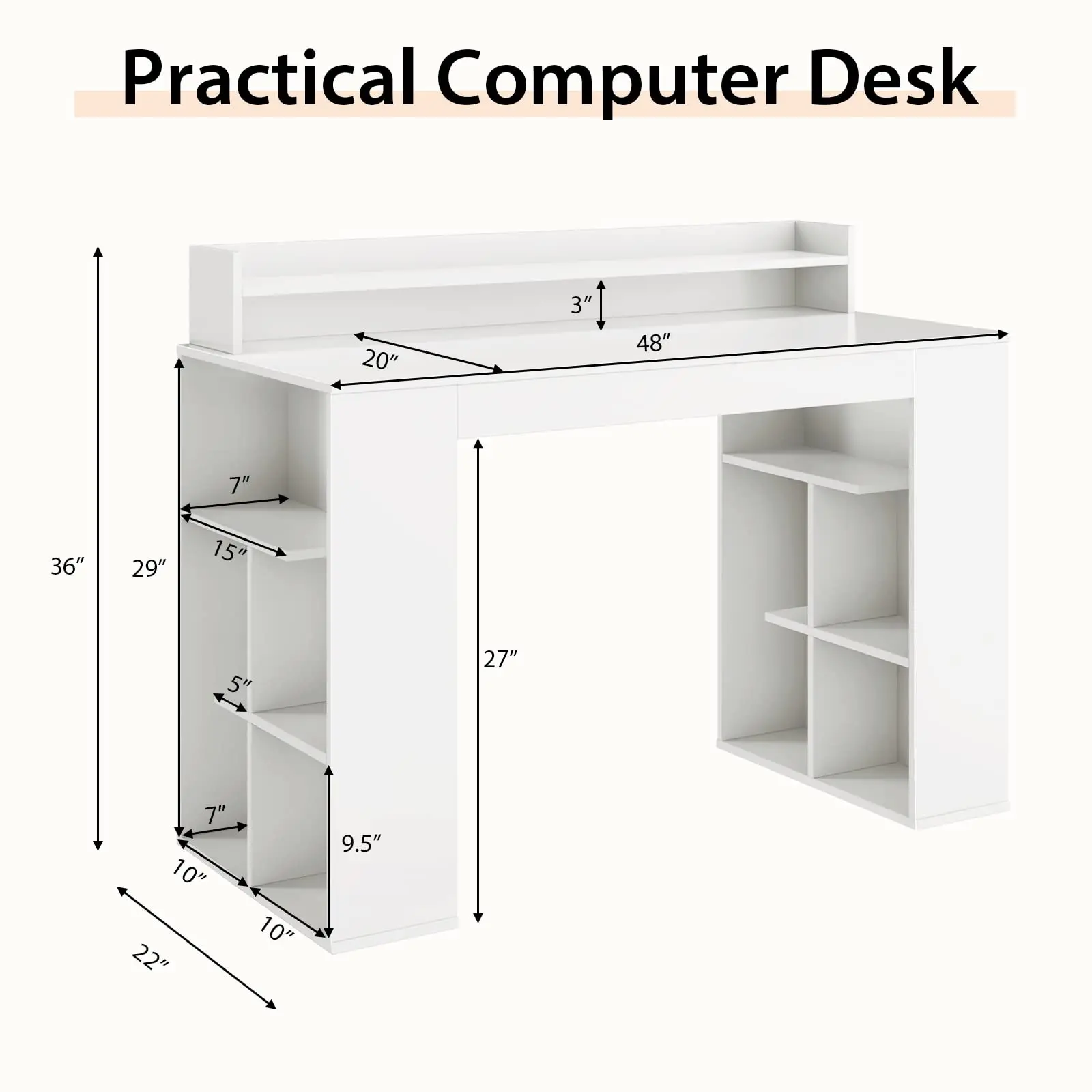 White Desk with Storage Bookshelf, Home Office Computer Desk with Dual 3 Tier Bookshelf & Monitor Shelf, Study Writing Desk image 2