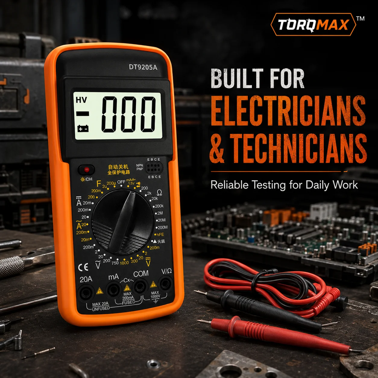 Kit multimètre numérique TORQMAX DT9205A avec batterie et fils de test, multi-testeur LCD portable pour tension AC/DC, courant, résistance, diode, outil de mesure électronique pour la réparation automobile et le bricolage domestique avec étui de rangement
