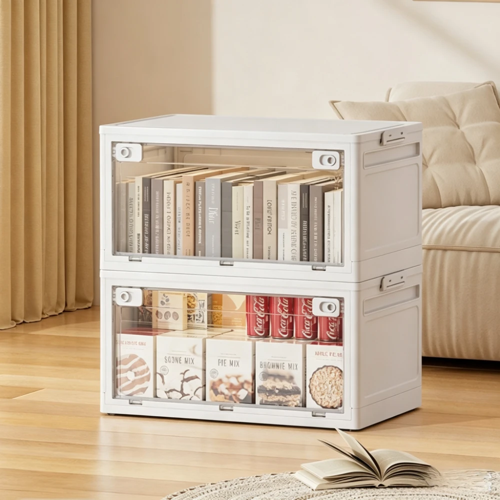 Foldable Plastic Storage Box Large Capacity Storage Bin Double Side Open Dust‑proof Organizer for Books Toys Clothes