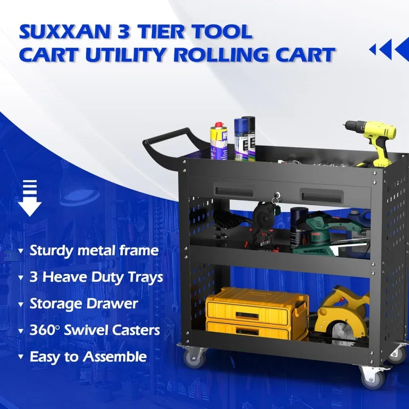 3 Tier Cart Utility Rolling Cart with Drawer and Pegboard, Heavy Duty Metal Storage Organizer Home Garage and Workshop