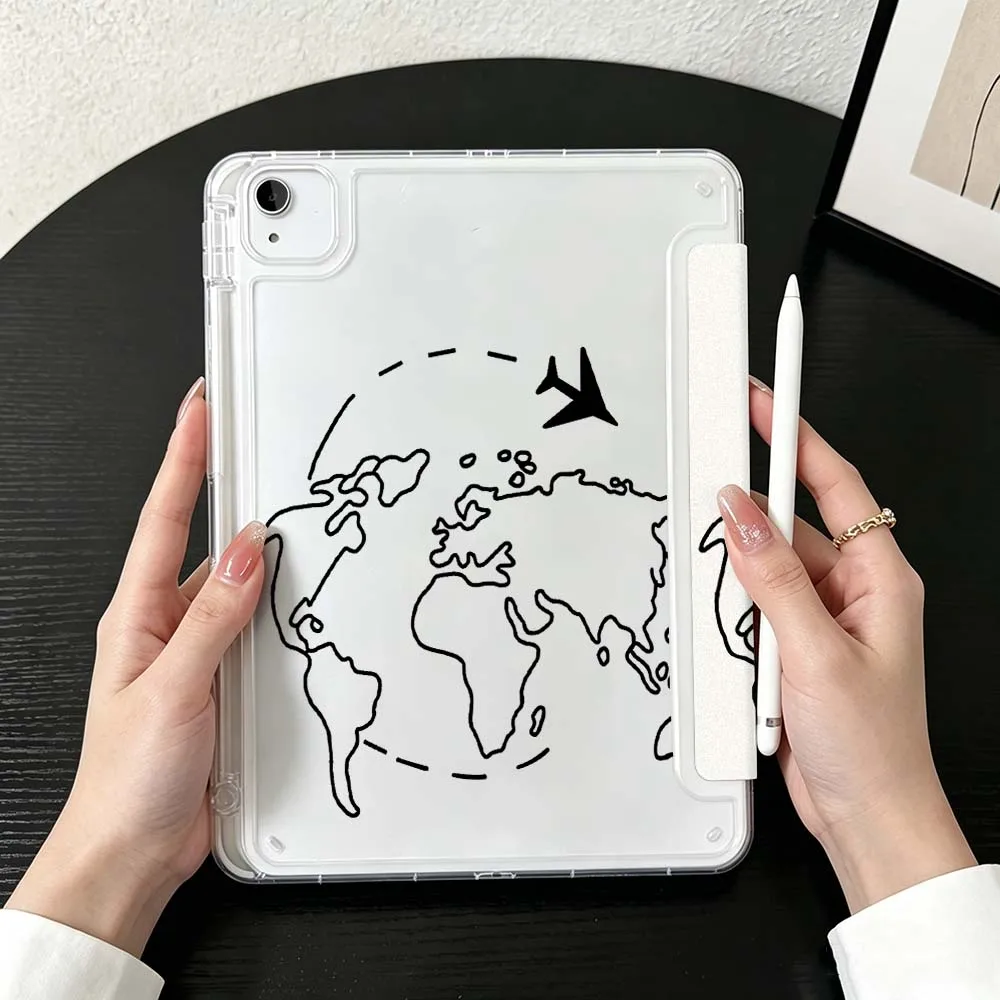 World Map Plane Aircraft For iPad Mini Pro Air 5 6 7 8 9 10th 11th 11 9.7 10.9 13 inch Transparent Y-Shaped Folding Tablet Case