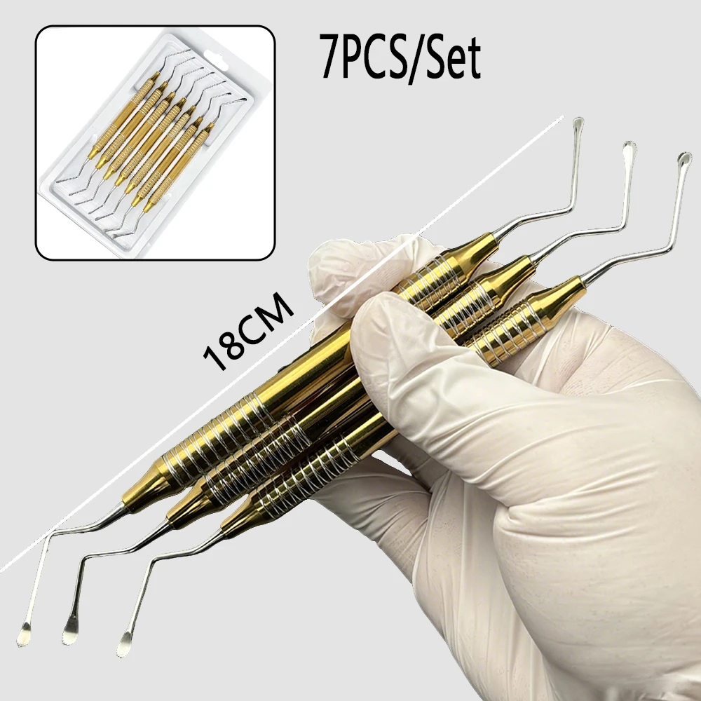 Conjunto de instrumentos de cureta dentária de aço inoxidável, 7 peças para limpeza de implantes, terapia periodontal e procedimentos de higiene oral