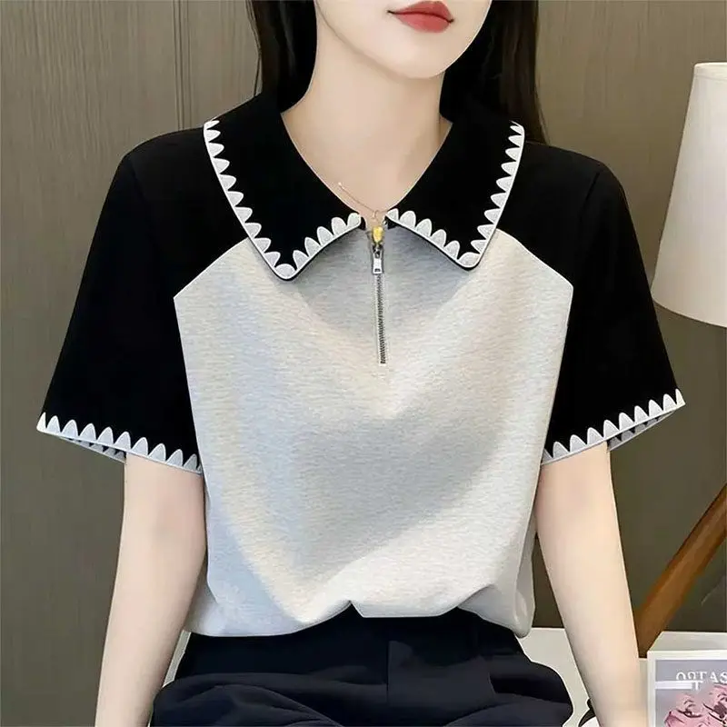 Short-Sleeved T-Shirt Women's 2026 Summer New Fashion Coat Contrast Color Bright Line Jacket Plus Size Ladies Western-style Tops