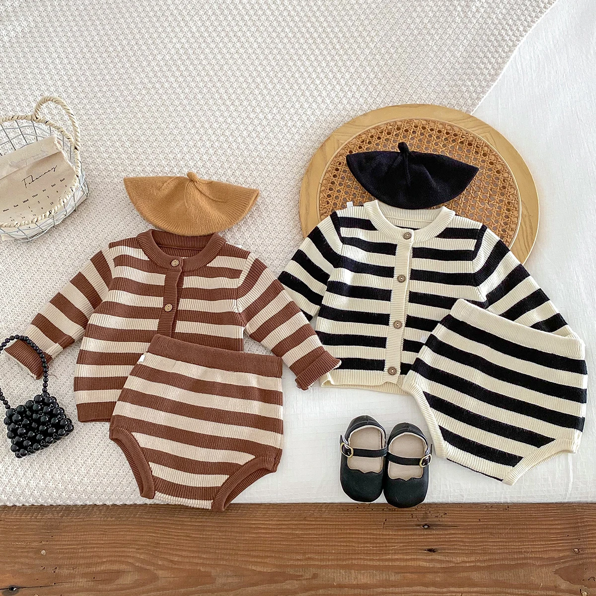 Baby clothes Korean Western style spring and autumn sets for outdoor wear, wide striped sweaters for infants and young children,