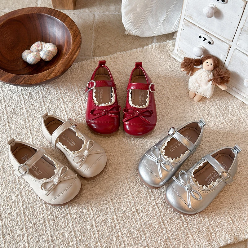 Autumn Girl's Leather Shoes Frilly Topstitching Sweet Children Flats Pure Color Slip-resistant Soft Sole Kids Dress Shoe 21-36