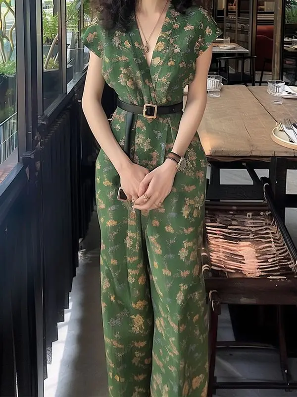 Sexy Green Chic Print Women Jumpsuits Vintage Casual Summer Sleeveles Vest Elegant V-neck Wide Leg Pants Women With Belt