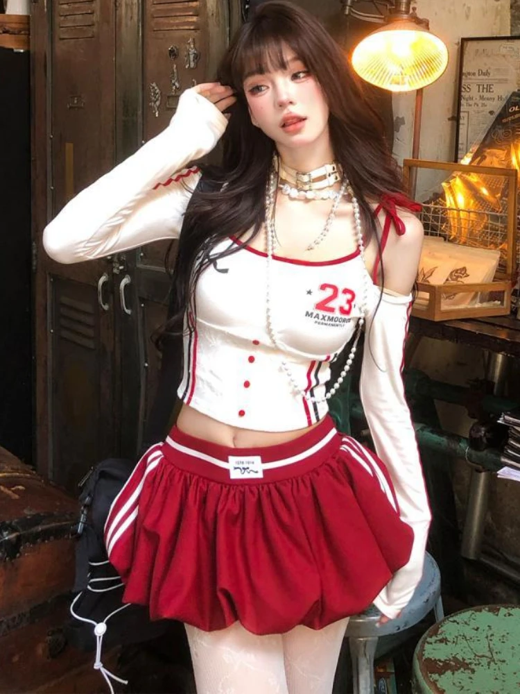 Autumn Casual 2 Piece Sets Womens Outfit Patchwork Letter Print T-shirt + Pleated Mini Skirts Girls JK Cute Suit Y2k Aesthetic