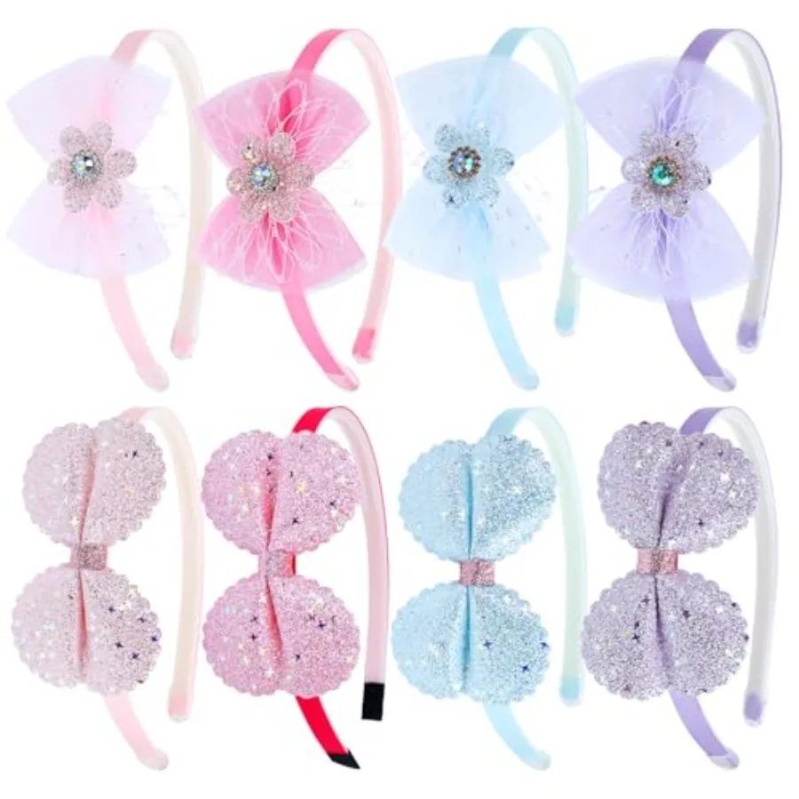 

8 Pieces Sparkly Sequin Tulle Bow Plastic Headbands Hair Hoops Bands Accessories for Toddlers Teens Girls
