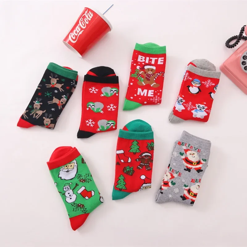 Chaussettes de Noël en tube de coton pour bonhomme de neige, chaussettes rouges mignonnes, Elk Old Man, dessin animé, nouveau