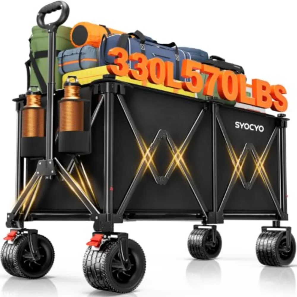 Beach Wagon Carts Foldable 570LBS Collapsible Wagon with Big All-Terrain Wheels for Sand 330L Heavy Duty Utility Carts