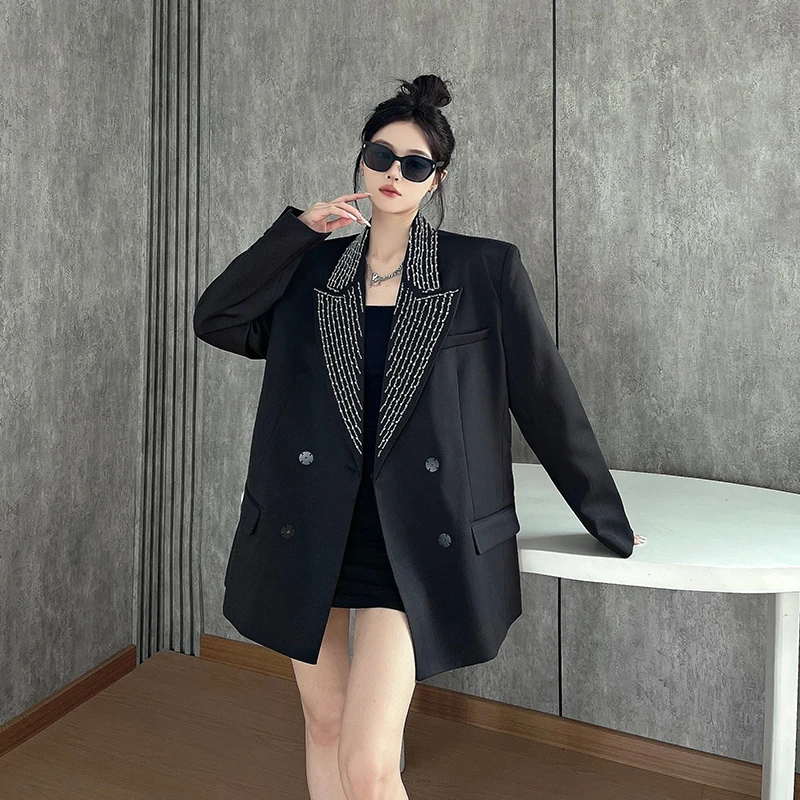 

SuperAen Autumn New Sequined Embroidered Notched Black Suit Jackets for Women Fashion Long-sleeved Casual Blazer