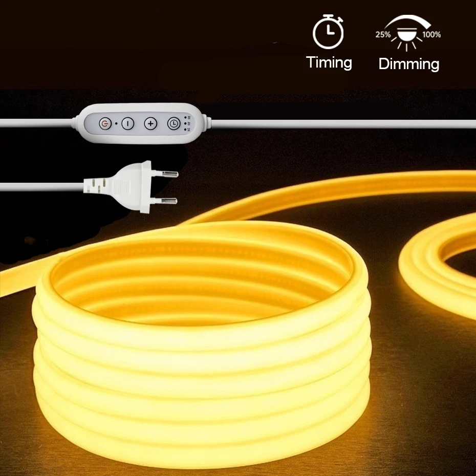 110 فولت 220 فولت عكس الضوء COB LED النيون قطاع مع الموقت/خافت التوصيل الاتحاد الأوروبي الولايات المتحدة الاتحاد الأفريقي المملكة المتحدة 288 المصابيح/م 5 متر 10 متر 15 متر 20 متر 25 متر شريط Led مقاوم للماء الشريط