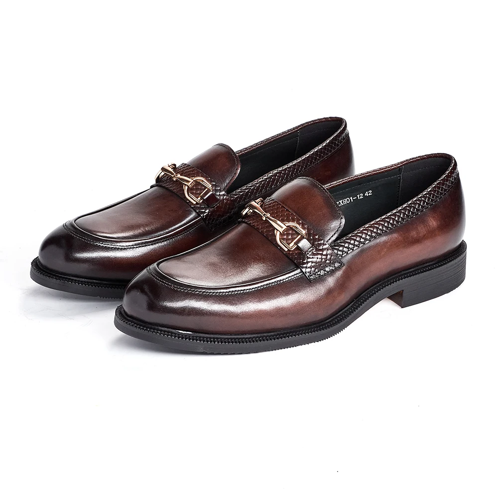 Men's genuine leather thick-soled loafers with snake-skin embossing details metal buckles high-quality business leisure shoes