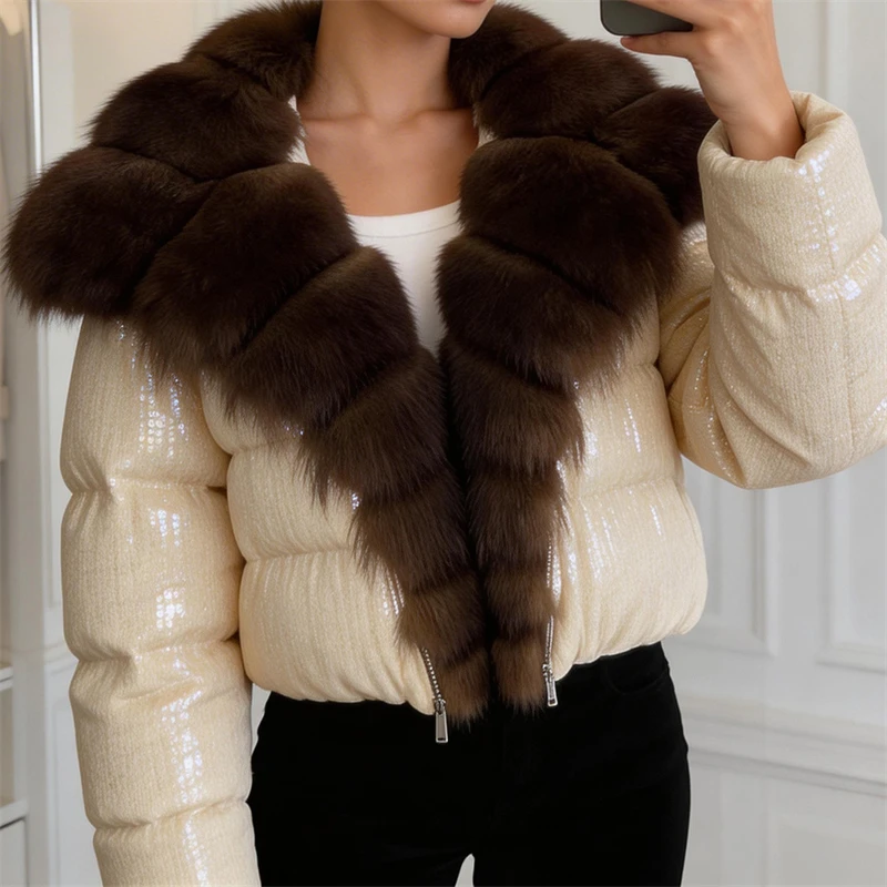 Winter New Arrival Fox Fur Collar White Duck down Puffer Y2K High-Quality Fashion Casual Shiny Thick Warm Outerwear