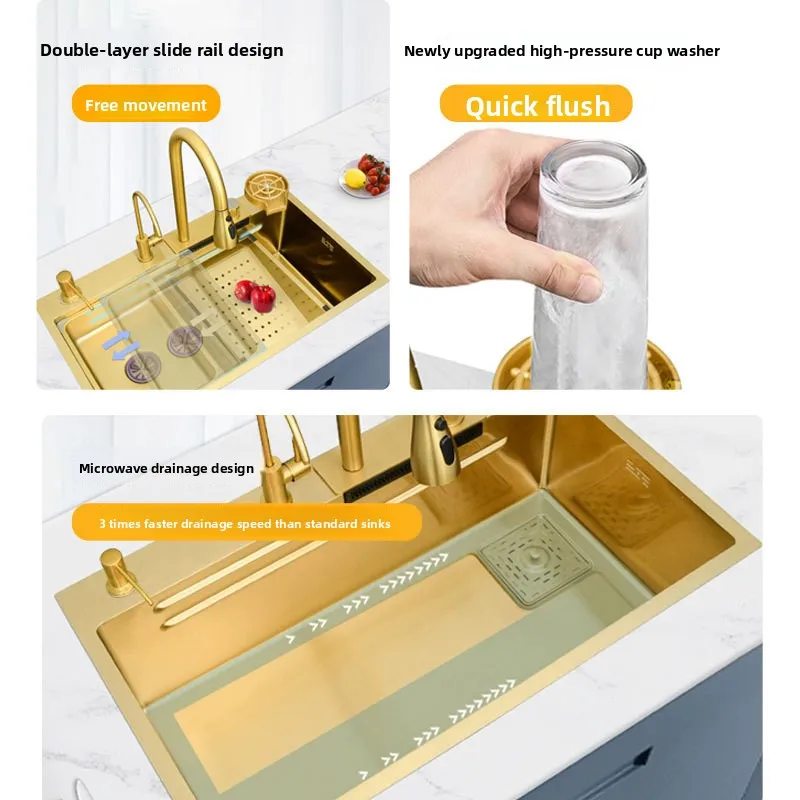 Gold Stainless Steel Kitchen Sink Single Bowl Vegetable Washing Basin Dish Drain Rack