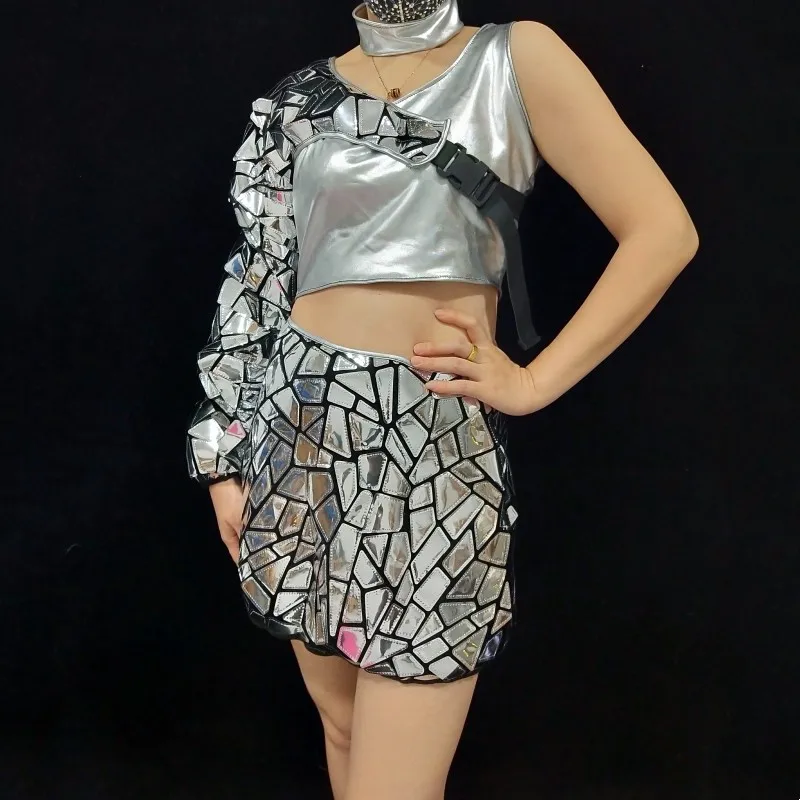 

Женский командный джазовый танцевальный костюм в стиле хип-хоп, певица, танцовщица, ночной клуб, бар, сексуальная сценическая одежда, серебряное лазерное зеркало, костюм для рейва