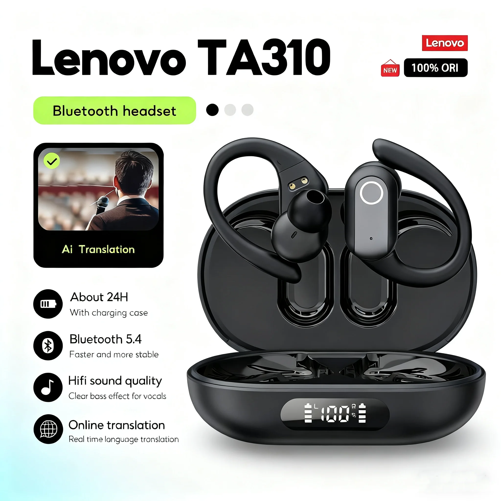 Auriculares Lenovo TA310 TWS | Bluetooth 5.4, traducción AI, audio de alta resolución, deportes a prueba de sudor, ajuste seguro