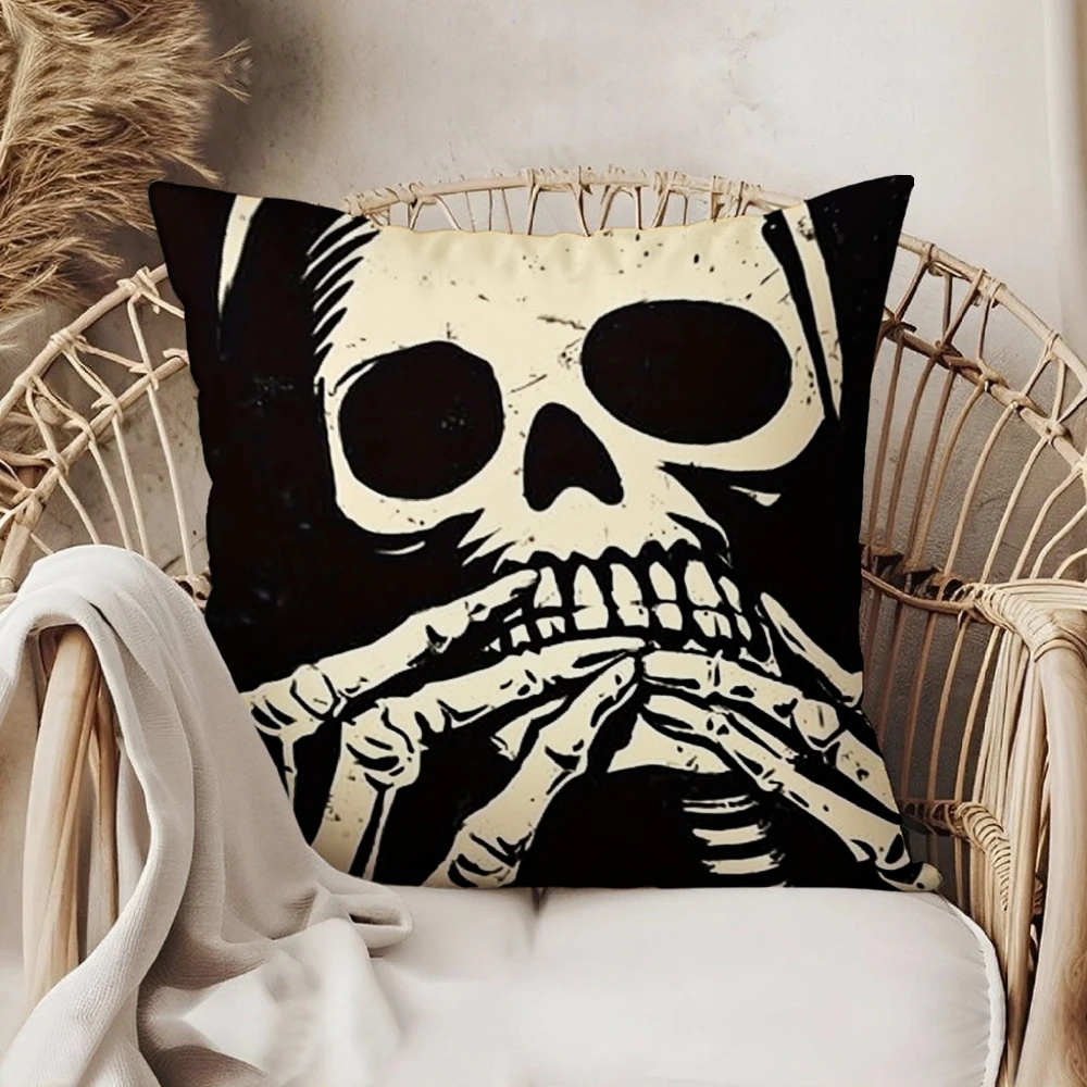 Square Throw Pillow Case Black And White Skeleton Hands Over Mouth Print For Living Room Sofa Bedroom Home Decor