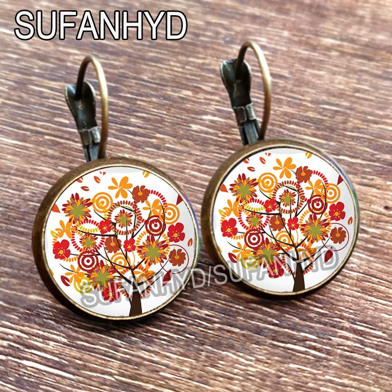 Colorful Tree Stud Earring for Women Vintage Bronze Color Leaf Glass Cabochon Tree of Life Earrings Jewelry