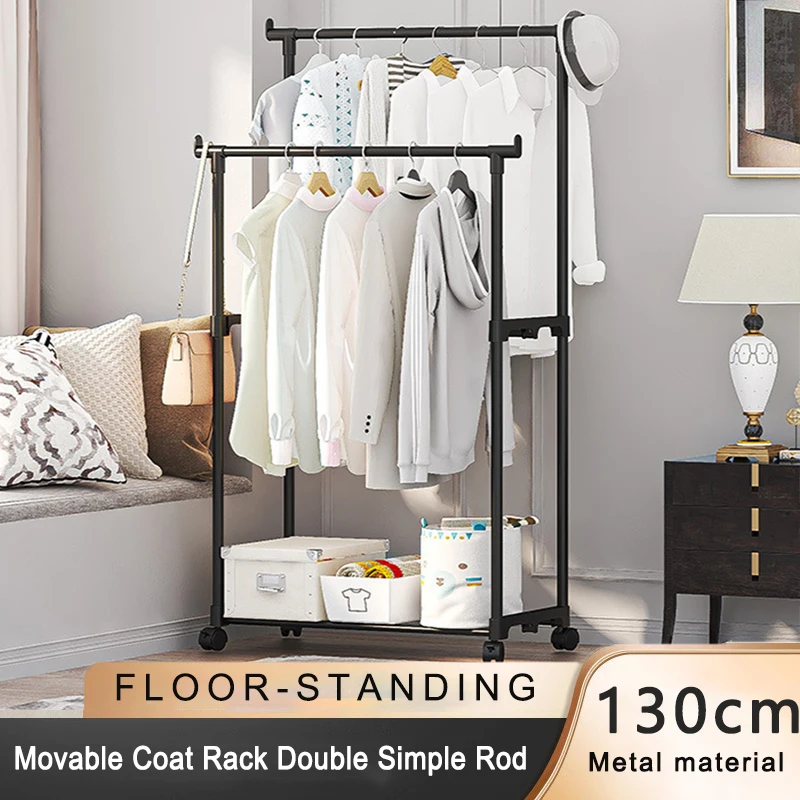 

Movable Coat Rack Double Simple Rod Clothes Rack Hanging Clothe Organizer For Bedroom Multifunctional Portable Hanger Storage