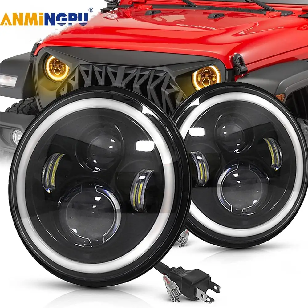 

ANMINGPU 7inch Round LED HeadLight Bulbs Motorcycle LED HeadLamp Angle Eyes 12V 24V Turn Signal for Lada Niva Urban Offroad 4x4