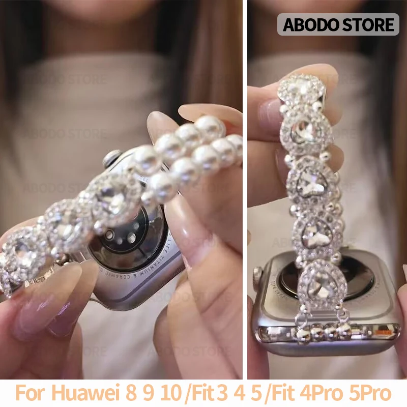 Sparkling Heart Pearl Bracelet for Samsung Galaxy Watch 7654 FE Elastic Beaded Band Bling Ladies Smartwatch Accessory Strap 22mm