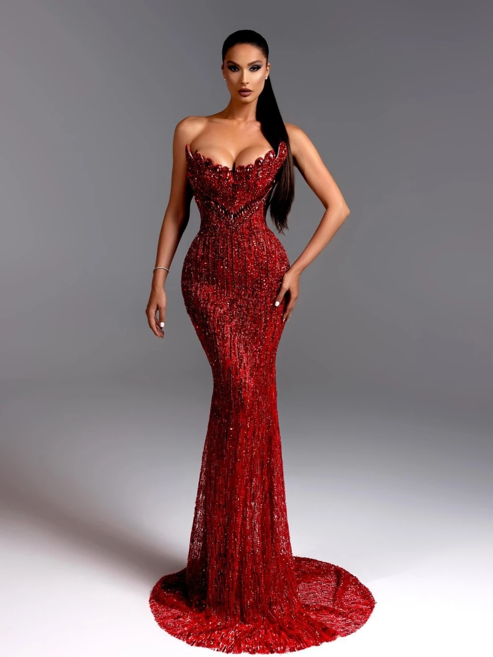 Fashionable Red Beaded Mermaid Long Evening Dress Elegant Strapless Sleeveless Wedding Party Gown Customized Luxury Prom Dresses