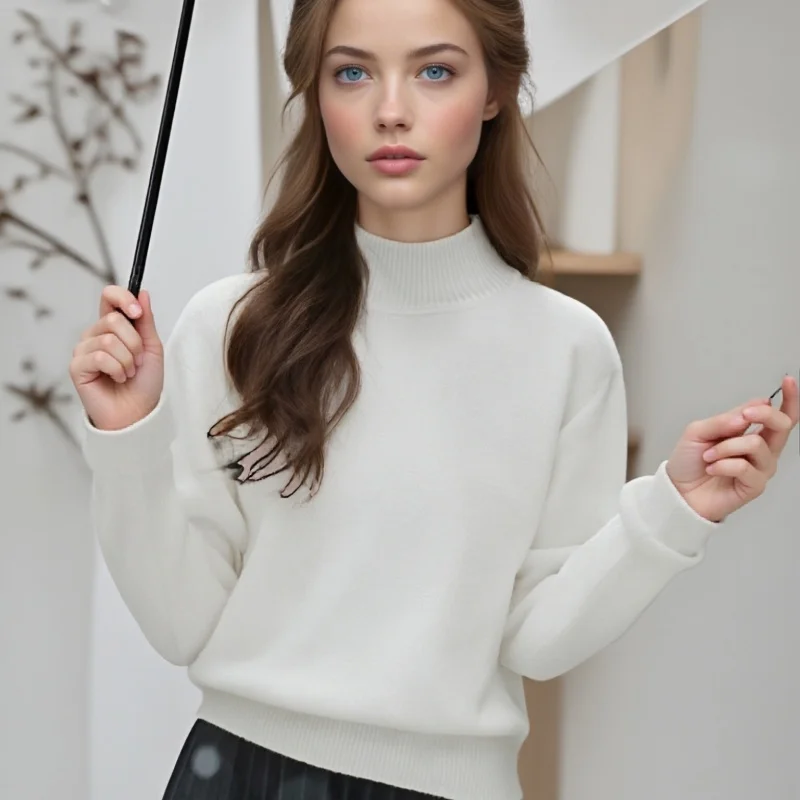 

Осенний женский элегантный вязаный свитер, зимний теплый бархатный однотонный повседневный толстый простой пуловер с полувысоким воротом, одежда