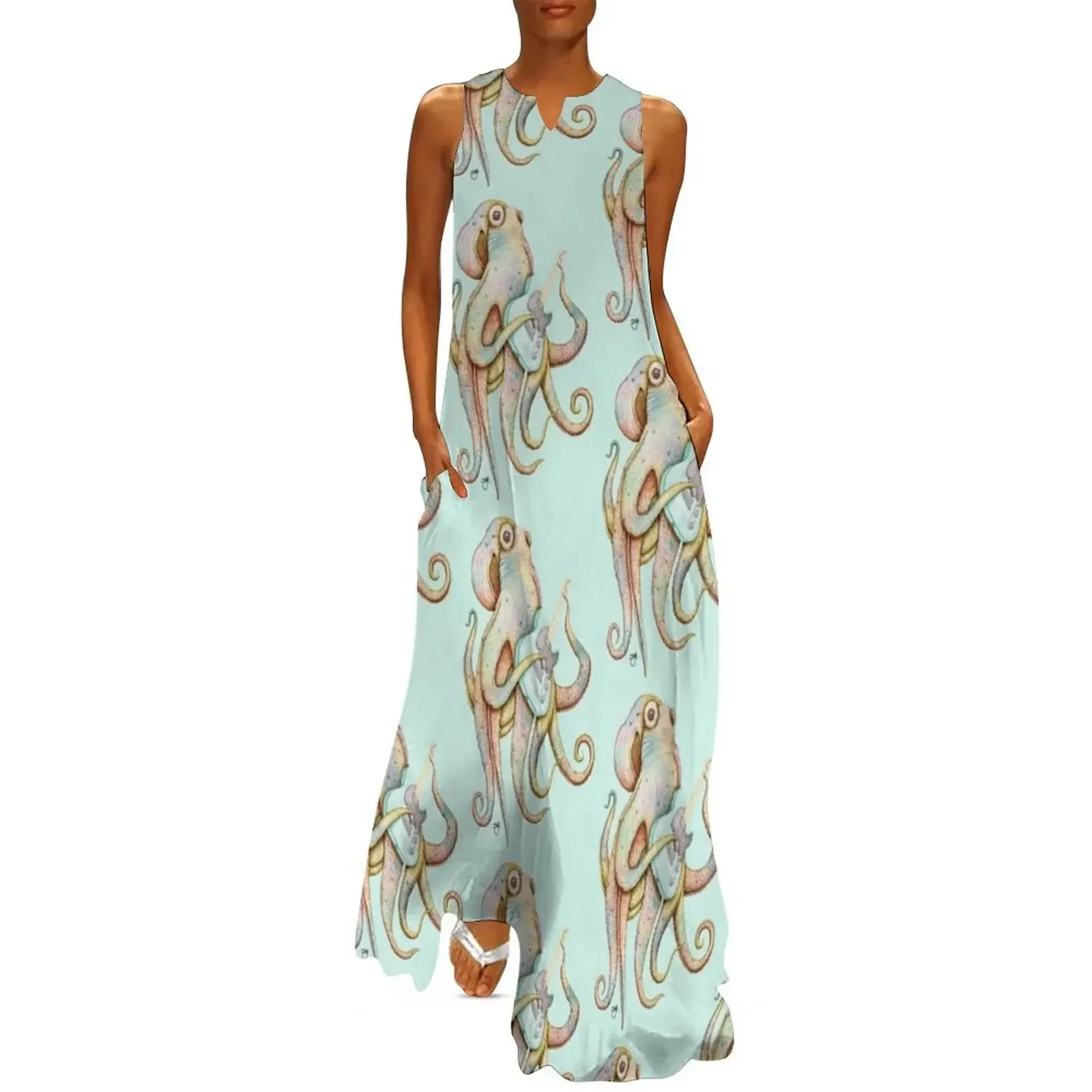 

POLAH - the axe wielding Octopus (on Aqua) Long Dress Dress woman women clothes womans clothing Dress
