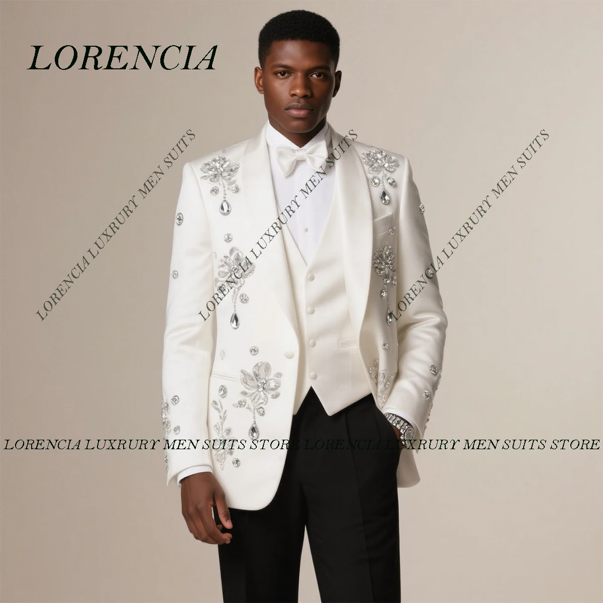 

Customized Luxury Crystals Men Suit 3 Piece Sets Groom Tuxedos High End Beaded Groom Blazer Slim Fit Wedding Male Ropa Hombre