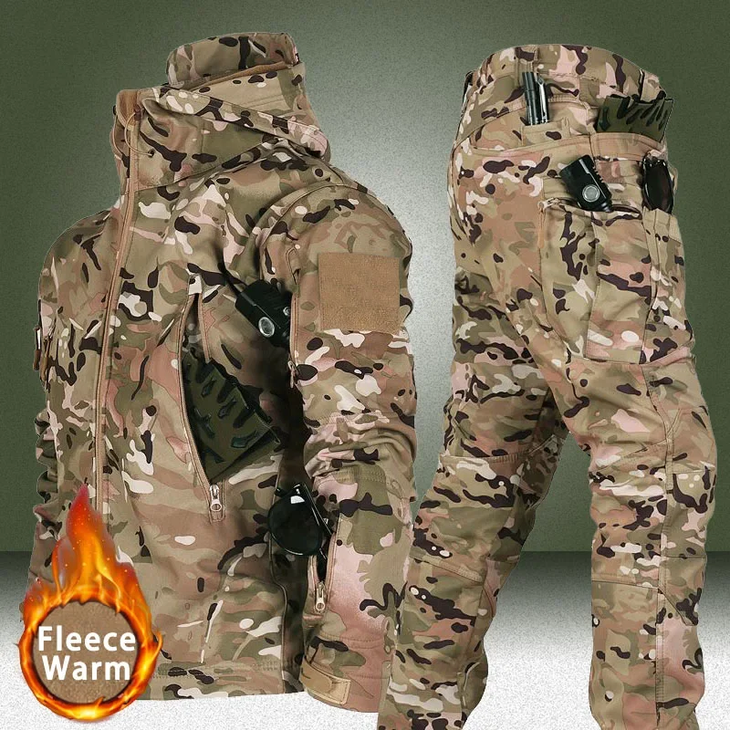 Men's Winter Autumn Fleece Jackets Tactical Waterproof Suits Outdoor Fishing Hiking Camping Tracksuits Coats Thermal Pants