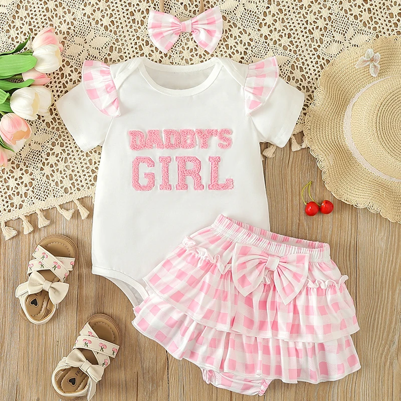 

3Piece Sets Summer Jumpsuits Newborn Girls Clothes Korean Cute Plaid Letter Short Sleeve Tops+Bow Shorts Baby Clothing BC2169