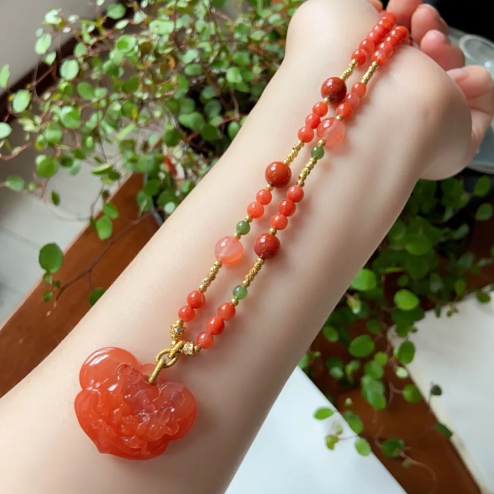 Natural Red Nanhong Agate Lucky Green Jade Necklace String Charms Handmade Fortune Energy Mineral Woman Amulet Jewelry Gift 1PCS