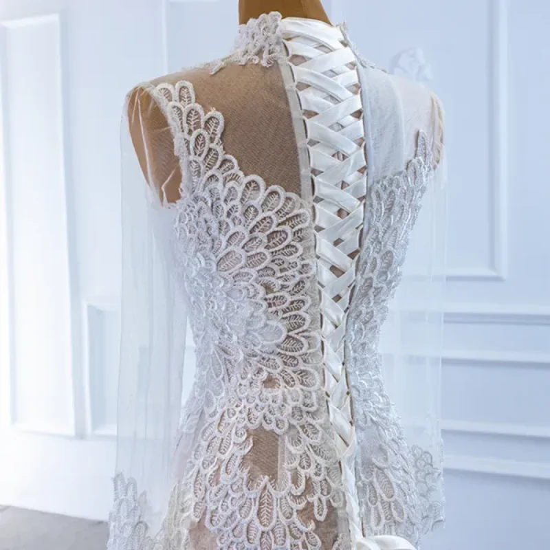 Customized 2025 White Fishtail Wedding Dress High Neck Transparent Mesh Long Sleeves White Lace Back Strap Elegant And Noble