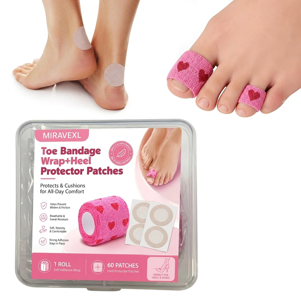 MIRAVEXL  61PCS Toe Bandage Wrap and Heel Protector Patches Kit, Breathable Self Adhesive Blister Tape for Feet Care Cushions,