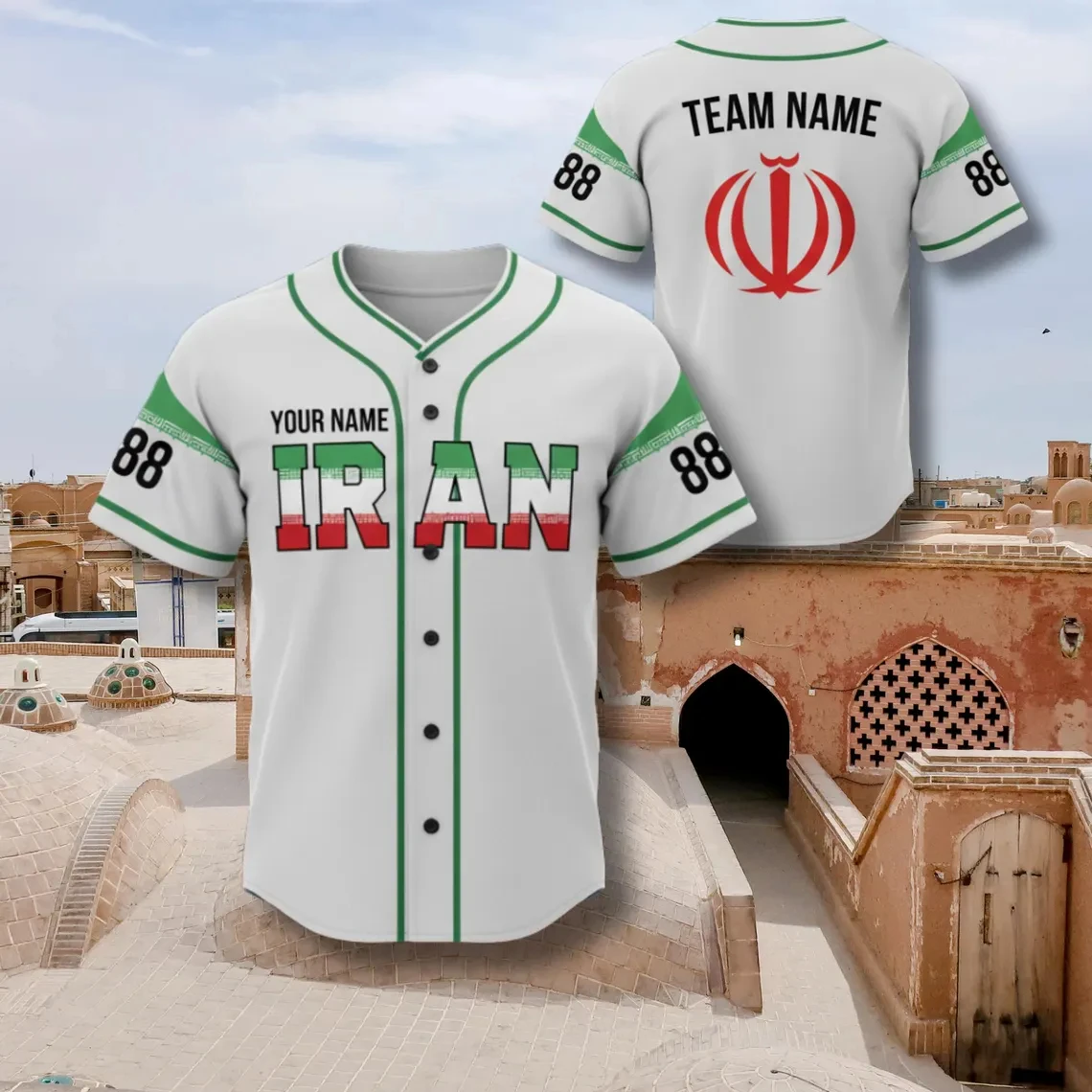 Custom Iran National Emblem Baseball Jersey Personalized Name Team Number Classic Green White Red Flag Strip Print Sports Tees