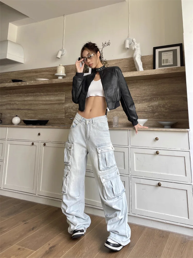 QWEEK Y2K Blue Cargo Jeans Women Vintage Streetwear Multiple Pockets Denim Pants Oversized High Street Hip Hop Baggy Trousers